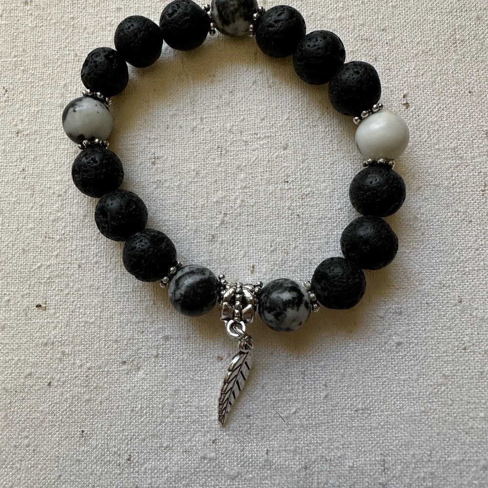 Elegant Black and White Jasper Beaded Bracelet with Silver Charm